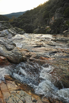 Waterfall of La Batanera or "Chorrera de los Batanes" near Fuencaliente village in Natural Park Valley of Alcudia and Sierra Madrona , province of Ciudad Real, Castilla la Mancha, Spain