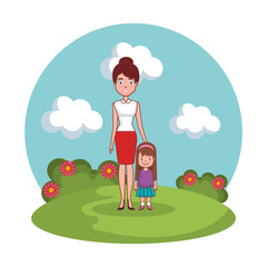 mother with daughter family in the landscape