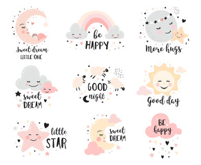 Cute posters with moon, stars, clouds. Vector prints for baby room, baby shower, greeting card, kids and baby t-shirts and wear. Hand drawn nursery illustration
