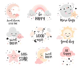 Fototapeten Cute posters with moon, stars, clouds. Vector prints for baby room, baby shower, greeting card, kids and baby t-shirts and wear. Hand drawn nursery illustration © Colorlife