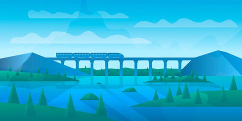 Vector minimalist background. Flat design. Landscape with shadows. Marshland with islands. Train goes on the bridge