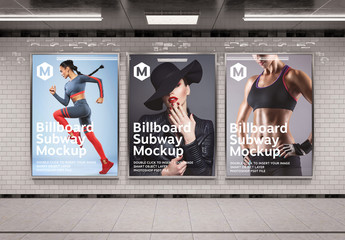 3 Vertical Billboards in Subway Station Mockup
