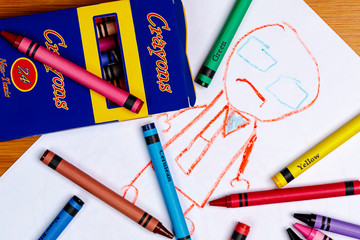 A Child's Crayon Drawing of a person with Generic Crayons and a generic Crayon Box.