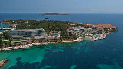 Aerial drone bird's eye panoramic photo of famous celebrity sandy beach of Astir or Asteras in...