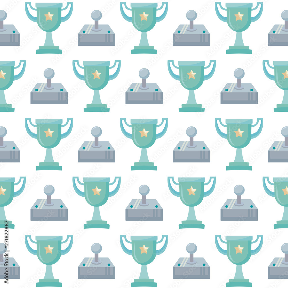 Poster video game joystick and trophy pixelate pattern