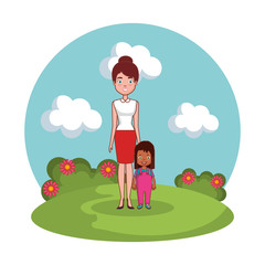 mother with daughter family in the landscape