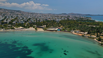 Aerial drone panoramic photo of famous seaside area of Glyfada, Attica, Athens riviera, Greece