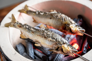 Ayu, grilling japanese sweet fish on charcoal