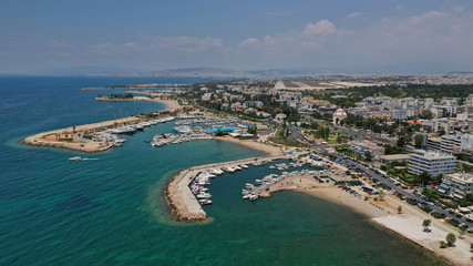 Aerial drone panoramic photo of famous seaside area of Glyfada, Attica, Athens riviera, Greece