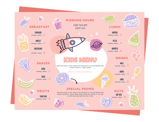 Modern doodle Kids menu, great design for any purposes. Healthy food breakfast. Cooking concept for restaurant, cafe