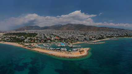 Fototapeta premium Aerial drone panoramic photo of famous seaside area of Glyfada, Attica, Athens riviera, Greece