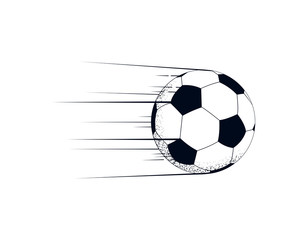 Flying soccer ball with motion lines. Powerful kick. Vector illustration