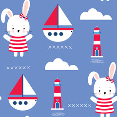 Seamless pattern with Bunny, sea and boat. Cute character, vector design. Colorful vector background.