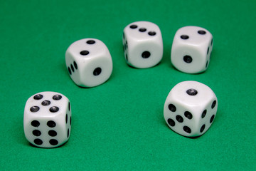 Five white dice scattered on the green game table close-up