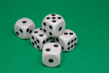 Five white dice are a tight group on the green game table close-up