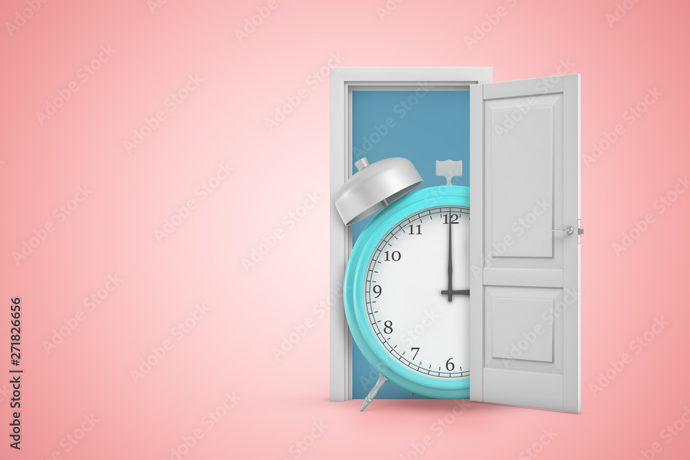 Poster 3d rendering of open door on gradient pink background and big turquoise alarm clock standing in door
