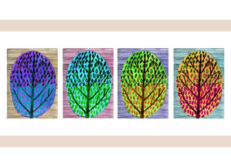 Tree in four seasons - spring, summer, autumn, winter. watercolor illustration Isolated on white background.