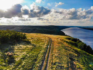 Aerial view of steppe and upper river Don in Russia. Beautiful summer landscape
