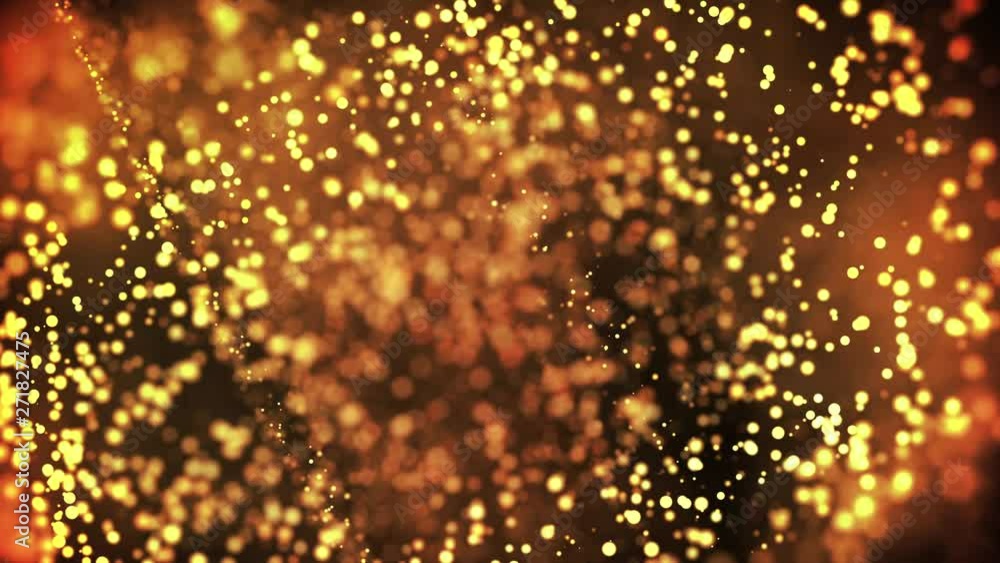 Poster gold particles in liquid float and glisten. background with glittering golden particles depth of fie