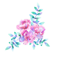 Beautiful bouquet of purple pink flowers and green purple branches. Hand drawn watercolor illustration. Isolated on white background.
