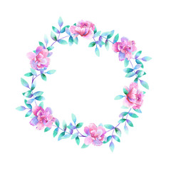 Fototapeta na wymiar Watercolor round floral frame. Template for design. Perfect for wedding invitations, greeting cards, natural cosmetics, prints, posters, packing and tea.