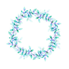 Watercolor round floral frame with leaves. Template for design. Perfect for wedding invitations, greeting cards, natural cosmetics, prints, posters, packing and tea.