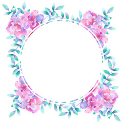 Watercolor round floral frame. Template for design. Perfect for wedding invitations, greeting cards, natural cosmetics, prints, posters, packing and tea.