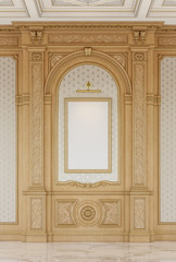 Carved wooden panels with a wooden ceiling. 3d rendering