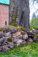 Fototapeta premium various brown and mottled boulders close up, stacked, some of them overgrown with moss and grass