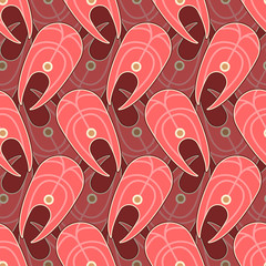 Fish slice pattern seamless. Red fish steak background. Vector ornament