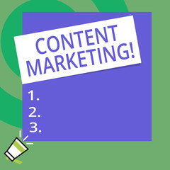 Conceptual hand writing showing Content Marketing. Concept meaning Involves the creation and sharing of online material Big Square rectangle stick above small megaphone left down corner