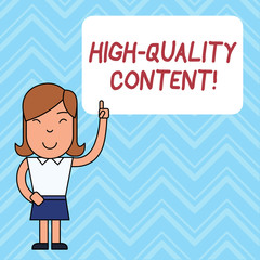 Word writing text High Quality Content. Business photo showcasing Website is Useful Informative Engaging to audience Woman Standing with Raised Left Index Finger Pointing at Blank Text Box