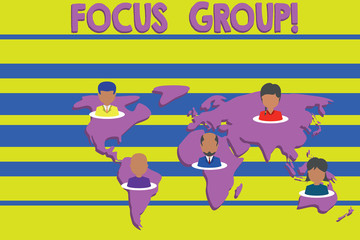 Conceptual hand writing showing Focus Group. Concept meaning showing assembled to participate in discussion about product Connection multiethnic persons all Global business earth map