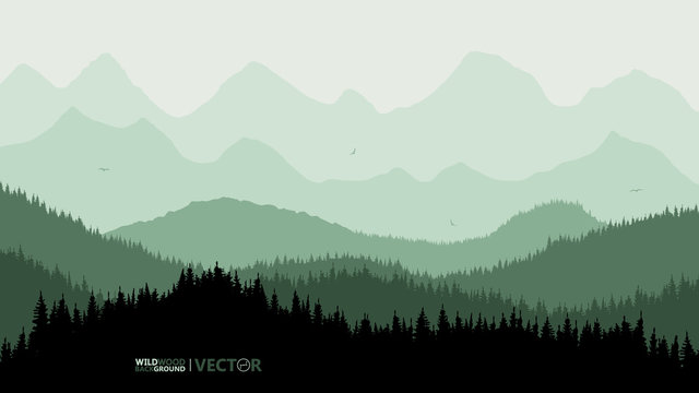 Tranquil backdrop, pine forests, mountains in the background. green tones, flying birds.