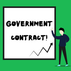 Writing note showing Government Contract. Business concept for Agreement Process to sell Services to the Administration Young man standing pointing up rectangle Geometric background