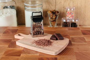 Grated dark chocolate on the board