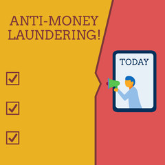 Writing note showing Anti Money Laundering. Business concept for stop generating income through illegal actions Geometrical background man chest holding megaphone speech bubble