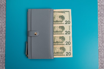Women's leather wallet studio image. Gray womens wallet with banknotes. Dollar bills.