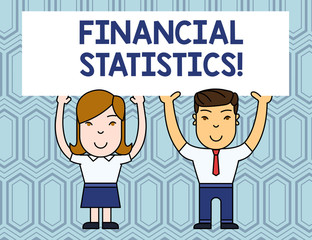 Naklejka premium Text sign showing Financial Statistics. Business photo showcasing Comprehensive Set of Stock and Flow Data of a company Two Smiling People Holding Big Blank Poster Board Overhead with Both Hands