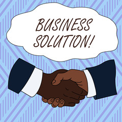 Conceptual hand writing showing Business Solution. Concept meaning Services that include strategic planning and evaluation Hand Shake Multiracial Male Colleagues Formal Shirt Suit