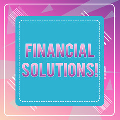 Word writing text Financial Solutions. Business photo showcasing to Save Money on Insurance and Protection Needs Dashed Stipple Line Blank Square Colored Cutout Frame Bright Background