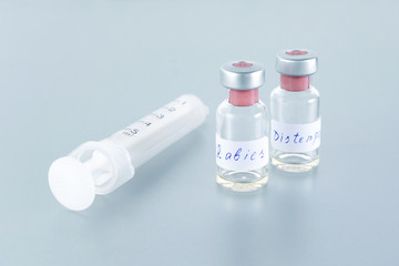 medicine bottle with rabies vaccine and distemper for animal health