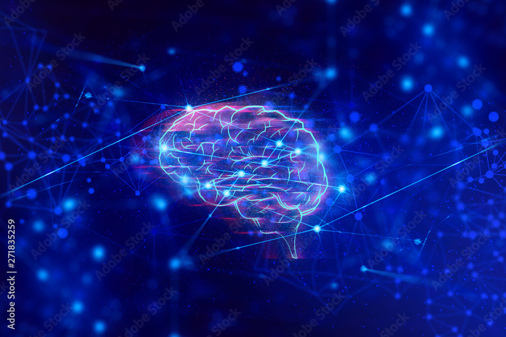 Poster brain data ai technology, robotic, molecule of chemical, atom cell science, hacker online cyber netw