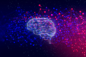 system of brain, data deep learning hologram robotic, ai technology neon glow, molecule of chemical, atom cell, futuristic cyber network, background illustration 3d