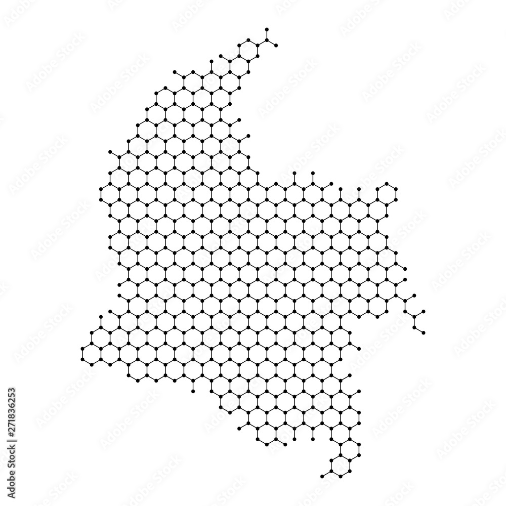 Poster colombia map from abstract futuristic hexagonal shapes, lines, points black, in the form of honeycom