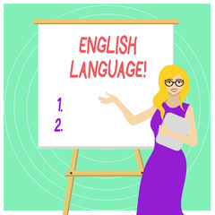 Handwriting text English Language. Conceptual photo third spoken native lang in world after Chinese and Spanish White Female in Glasses Standing by Blank Whiteboard on Stand Presentation