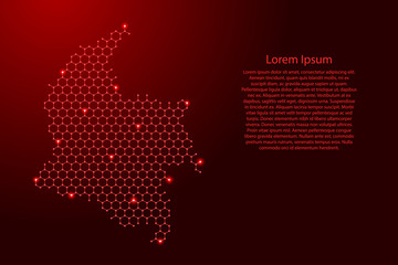 Colombia map from futuristic hexagonal shapes, lines, points red and glowing stars in nodes, form of honeycomb or molecular structure for banner, poster, greeting card. Vector illustration.