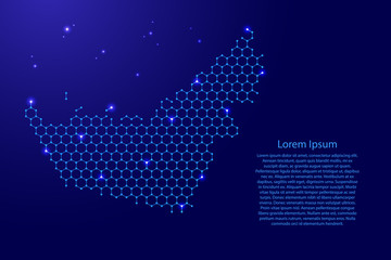 Fototapeta na wymiar United Arab Emirates map from futuristic hexagonal shapes, lines, points blue and glowing stars in nodes, form of honeycomb or molecular structure for banner, poster. Vector illustration.