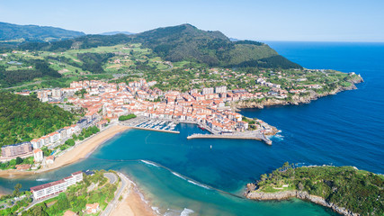 aerial view of basque fishing town and its coastline