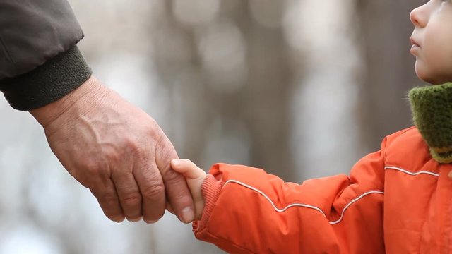 Lovely child holding grandfather finger, different generations shaking hands, detail, conceptual
